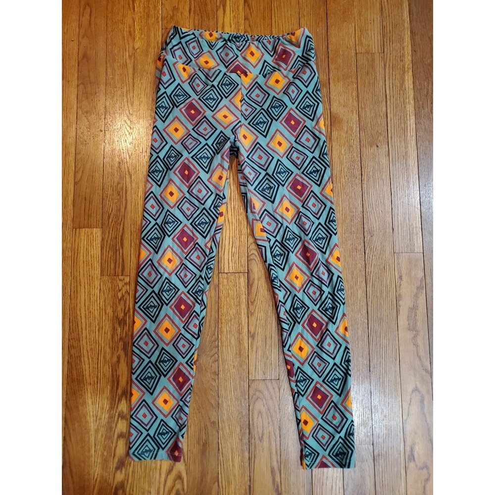 LuLaRoe Geometric Diamond Bat Print Leggings Teal Orange One Size OS